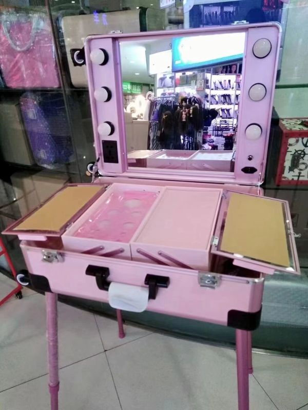 메이크업 케이스 조정 가능한 서지 다리 중형 가방 LED 라이트 미러 화장품 롤링 4 바퀴 트롤리 메이크업 케이스