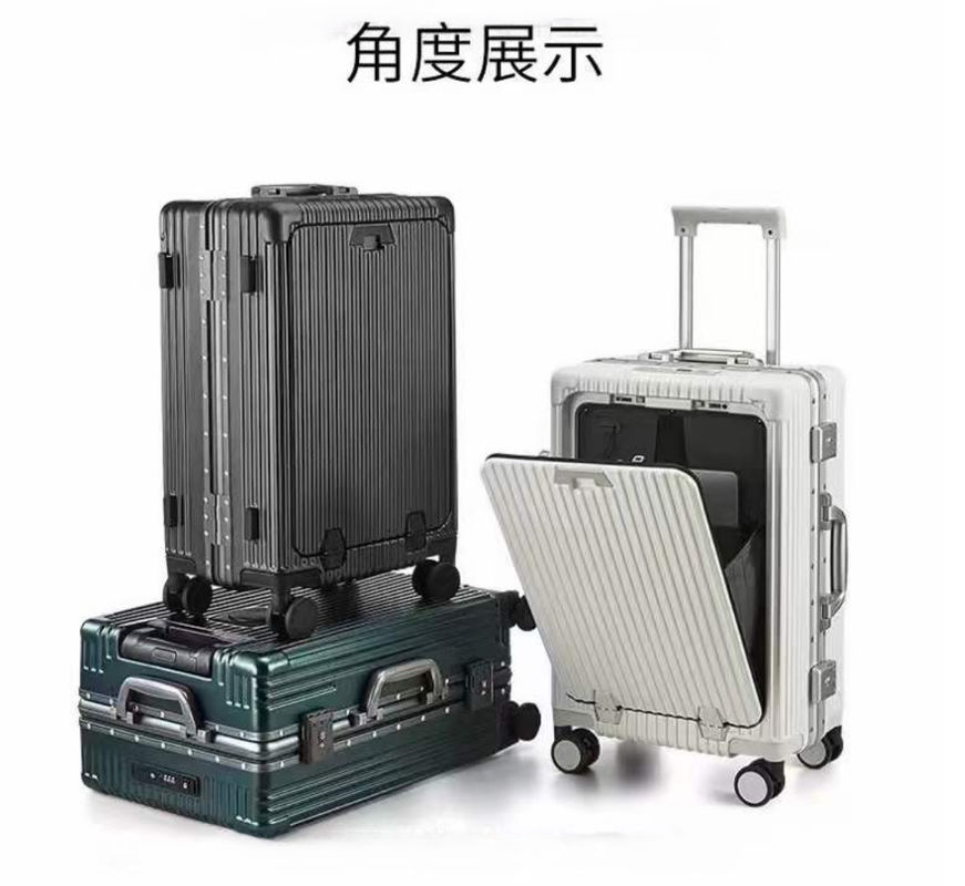 24인치 가방 앞면 열린 하드 셸 알루미늄 프레임 USB 충전 포트 TSA 잠금 컵 홀더와 중형 전화 홀더